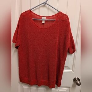 Chicos Coral Metallic Short Sleeve Mesh Top Size 3